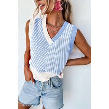 Sky Blue Contrast Chevron Knit V Neck Sweater Vest
