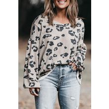 Gray Printed Leopard Balloon Sleeve Thermal Knit Plus Size Top