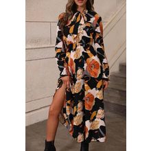 Orange Floral Print Tie Neck Long Sleeve Dress
