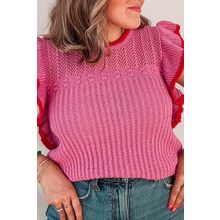 Rose Red Ruffled Contrast Trim Plus Size Short Sleeve Sweater