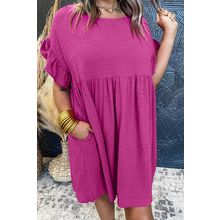 Rose Red Textured Ruffled Short Sleeve Mini Dress