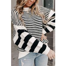 Black white Striped Drop Shoulder Bishop Sleeve Knit Sweater