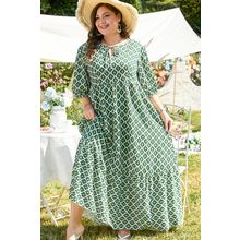 Green Geometric Floral Print Half Sleeve Plus Size Maxi Dress