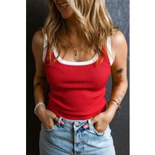 Fiery Red Colorblock Edge Ribbed Knit U Neck Tank Top
