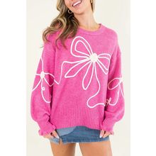 Bright Pink Corded Flower Bow Ribbed Trim Casual Sweater