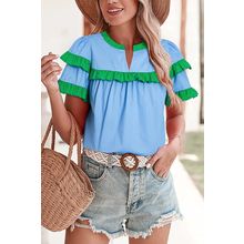 Mist Blue Contrast Notched Neck Frilly Detail Short Sleeve Blouse