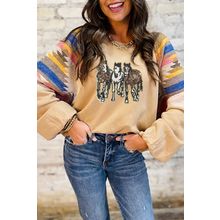 Light French Beige Sequined Western Horses Graphic Aztec Bubble Sleeve Western F