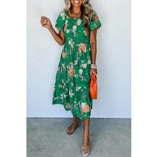 Green Floral Print Bubble Sleeve Smocked Tiered Midi Dress
