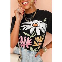 Black Retro Floral Print Crew Neck Casual T Shirt
