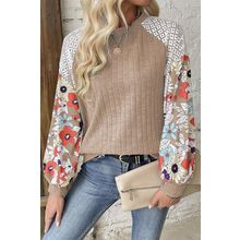 Parchment Floral Patchwork Long Sleeve Ribbed Blouse