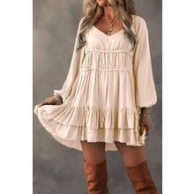 Apricot Tiered Ruffled Puff Sleeve Loose Fit Mini Dress