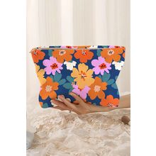 Ashleigh Blue Flower Print Zipper Corduroy Large Cosmetic Bag
