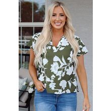 Green Floral Print Split Neck Short Sleeve Blouse