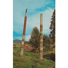 British Columbia Totem Pole Route Skeena Crossing Kitsequekla Indian Postcard