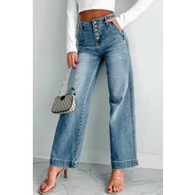 Dusk Blue Multi Buttons Medium Wash Straight Loose Leg Jeans