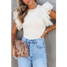 Beige Dotty Mesh Ruffle Sleeve Ribbed Knit Top