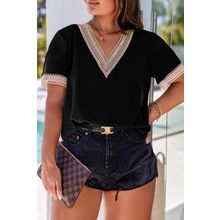 Black Lace Trim Short Sleeve V Neck Plus Size Top