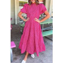 Rose Red Flower Mock Neck Puff Sleeve Tiered Maxi Dress