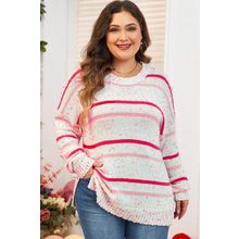 Pink Stripe Drop Shoulder Side Split Plus Size Sweater