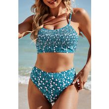 Blue Floral Print Smocked Cute Bikini Set