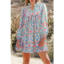 Sky Blue Abstract Printed Long Sleeve Tied Neckline Mini Dress