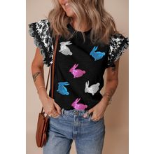 Black Floral Striped Patchwork Flutter Sleeve Easter Bunny Patched Blouse