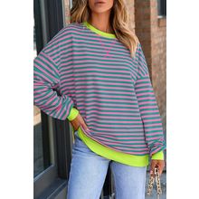 Rose Stripe Contrast Ribbed Trim Crossed Stitch Drop Shoulder Sweatshirt