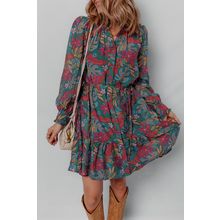 Green Floral Friled V Neck Puff Sleeve Ruffled Shirt Dress