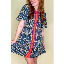 Beige Abstract Print Bubble Sleeve Button up Mini Dress