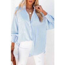 Sky Blue Smocked Cuffed Striped Boyfriend Shirt with Pocket