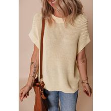 Oatmeal Solid Color Batwing Short Sleeve Round Neck Knit T Shirt