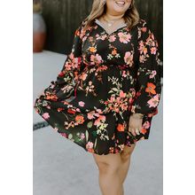 Black Plus Size Floral Print Tie Neck Cinched Waist Long Sleeve Mini Dress