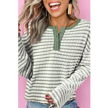 Green Stripe Textured Frilly Trim Buttons Henley Long Sleeve Top