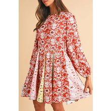 Red Colorful Floral Patchwork Long Sleeve Pleated Mini Dress