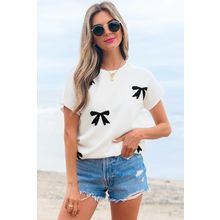 White Bow Pattern Knit Short Sleeve Sweater