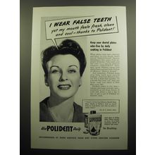 1949 Polident Denture Cleanser Ad - I wear false teeth yet my mouth