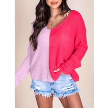 Pink Long Sleeve V-Neck Colorblock Sweater