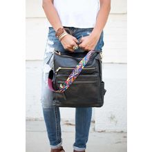 Color black Geometric Crochet Strap PU Leather Large Backpack