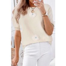 Beige Flower Pattern Short Sleeve Knitted Top