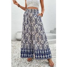 Blue Boho Pattern Print High Waist Wide Leg Loose Pants