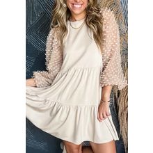 Beige Embellished Puff Sleeve Tiered A-line Dress