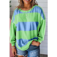 Blue Colorblock Striped Drop Shoulder Loose Top