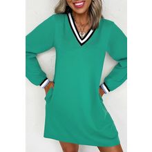 Mint Green Varsity Contrast Striped V Neck Long Sleeve T Shirt Dress with Pocket