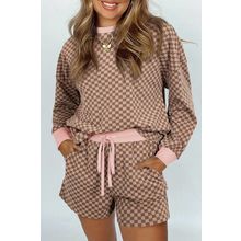 Brown Checkerboard Long Sleeve Pullover and Shorts Set