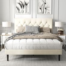 Full Size Platform Bed Frame with Upholstered Button Tufted Headboard, Mattress