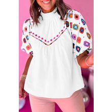 White Embroidered Smocked Neck Puff Sleeve Top