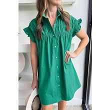 Bright Green Shirred Ruffle Sleeve Button Up Short Dress