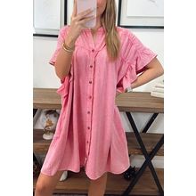 Pink Ruffled Short Sleeve Buttoned Denim Mini Dress