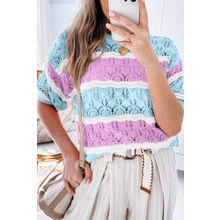Purple Stripe Color Block Hollow Out Crochet Half Sleeve Sweater