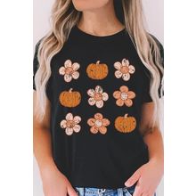Black Pumpkin Flower Print Short Sleeve Graphic Top